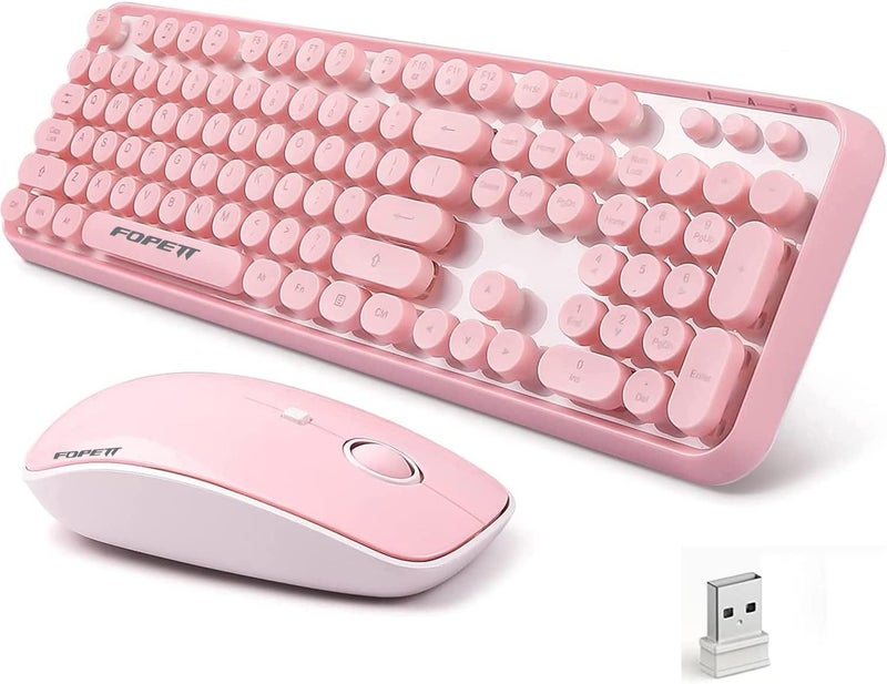 FOPETT Wireless Keyboard and Mouse Combo, 104 Keys Full-Sized 2.4 GHz Round Keycap Colorful Keyboards, USB Receiver Plug and Play, for Windows, Mac, PC, Laptop, Desktop (Pink) - Image 1